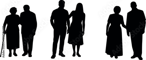 Silhouettes of couples across different life stages, from elderly to young adults, expressing love, support, aging journey, and lifelong companionship
