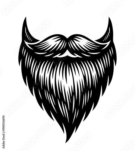 Decorative mustache and beard in bold style. Stylized grooming element. Vector black ink illustration, hipster and barber concept for logos.