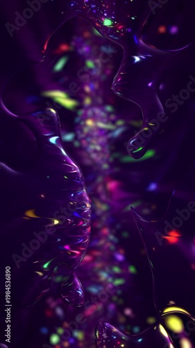 Vibrant and dynamic abstract liquid background with colorful glassy particles flowing through fluid morphing glossy blob shapes. Full HD looping psychedelic styled vertical animation.