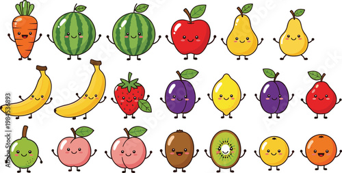 Cute fruit and vegetable cartoon characters vector set with smiling banana, apple, watermelon, strawberry, kiwi and playful healthy food illustration collection