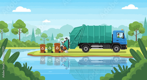 Garbage Truck Collecting Waste from Bins.