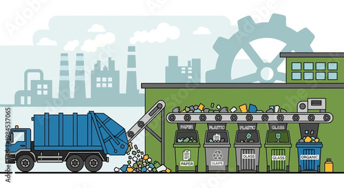 Garbage truck unloading waste onto recycling conveyor belt system.