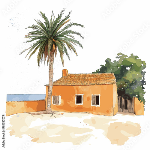 Goree Island. Goree Island hand drawn watercolor illustration on white background