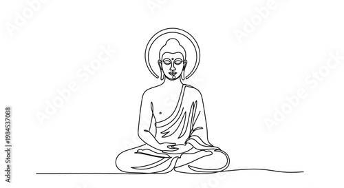 Meditating Buddha single line drawing, serene spiritual enlightenment, peaceful yoga pose