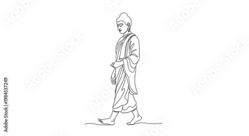 Walking Buddha Line Art Illustration - Serene Monk Figure