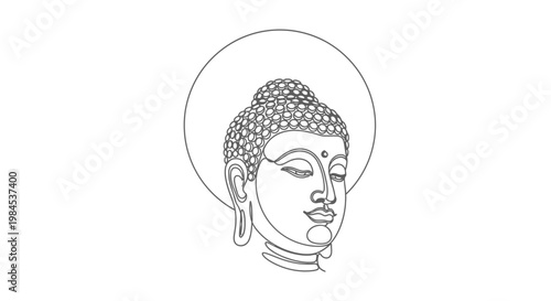 Buddha Head Outline Drawing with Halo - Serene Enlightenment Symbol