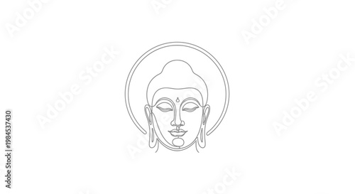 Minimalist Buddha Face Outline Icon with Halo on White Background
