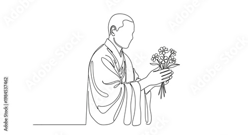 Minimalist line art of a monk holding a bouquet of delicate flowers