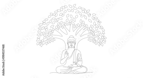 Buddha meditating under a Bodhi tree, outline drawing, spiritual enlightenment, peace and serenity.