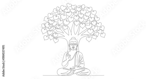 Buddha Meditating Under Heart Tree, Enlightenment, Peace, Spirituality, Line Art