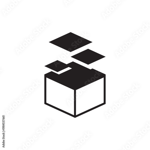 Minimalist isometric open box with three falling rhombus layers above it. Black and white icon ideal for tech, software, packaging, data, or delivery branding.