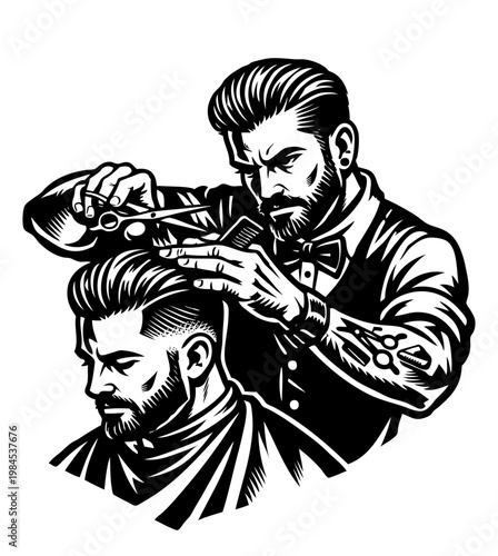 Barber cutting client hair in vintage engraving style. Detailed grooming scene. Vector black ink illustration, barbershop service concept for branding or posters.
