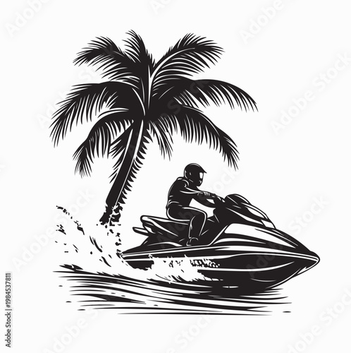 Summer Vacation Concept With Jet Ski And Palm Tree Silhouette Vector