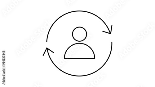 Retention rate minimalist black line vector icon illustration on white background, featuring a person silhouette inside a circular arrow representing customer loyalty, user lifecycle, and rotation.