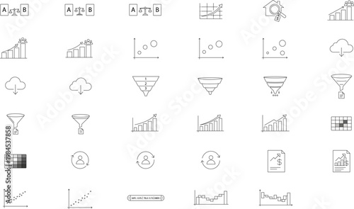 35 Minimalist Black Line Vector Icon Set Bundle for Business Analytics, Data Visualization, Marketing Growth, A/B Testing, Conversion Funnels, Cloud Storage, and Financial Revenue Reports on White.