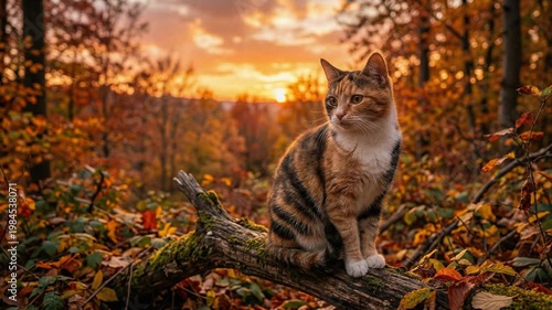 秋夕焼け猫癒し風景ループ動画