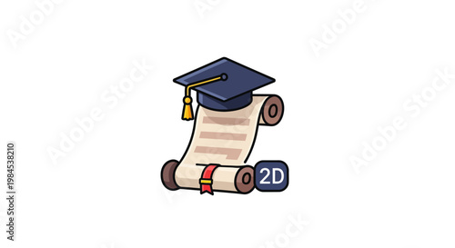 A Cartoon Illustration of a Diploma Scroll and Graduation Cap Against a White Backdrop