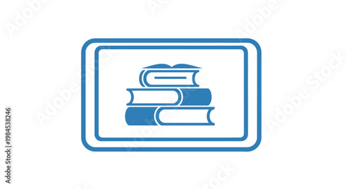 A graphic illustration depicting a stack of books inside a rectangular frame in blue tones