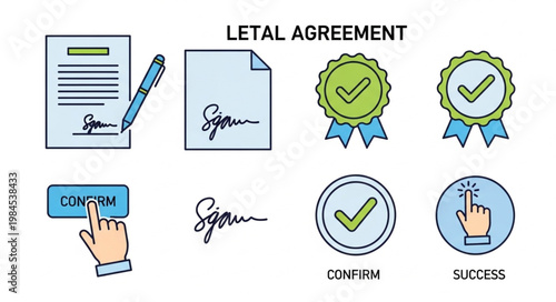 Legal Agreement Icons Showing Contract Signing and Approval.