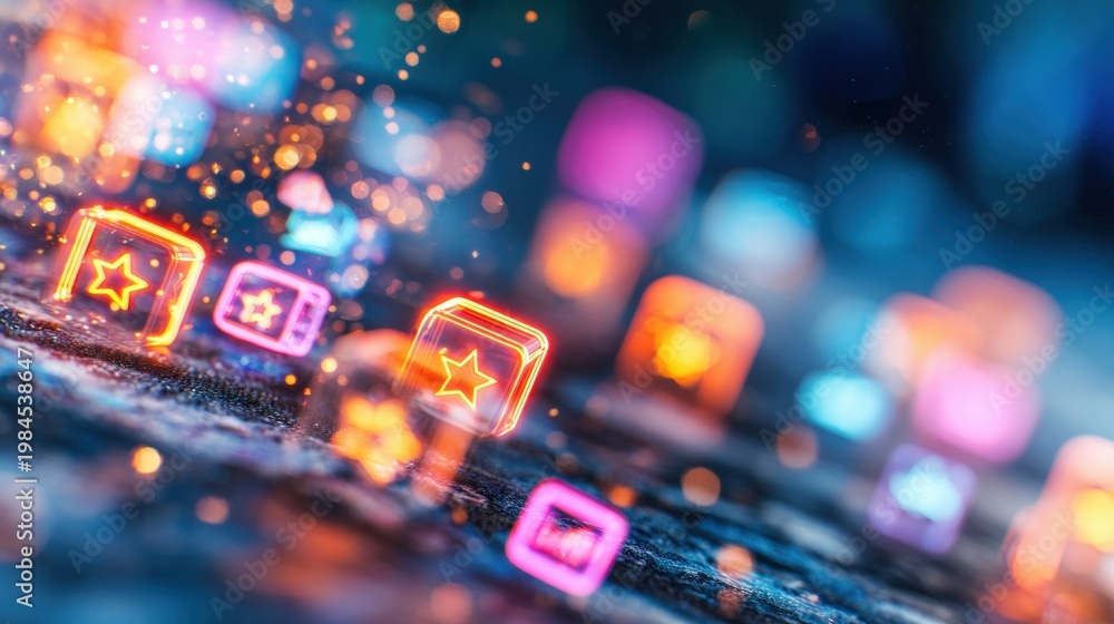 Fototapeta premium Colorful cubes and glowing stars scatter on a dark surface at night