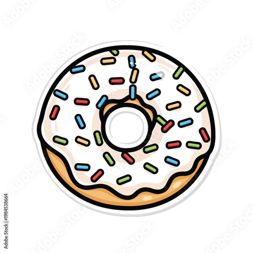 Cartoon donut with white icing and colorful sprinkles.