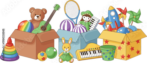 Kids toys vector illustration with colorful collection of stuffed animals, musical instruments, blocks, rocket, balls and playful children toys in boxes