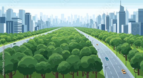 Green Cityscape with Lush Trees and Modern Buildings.