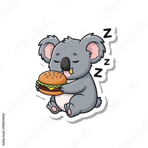 Cute koala sleeping while holding a delicious hamburger sticker.