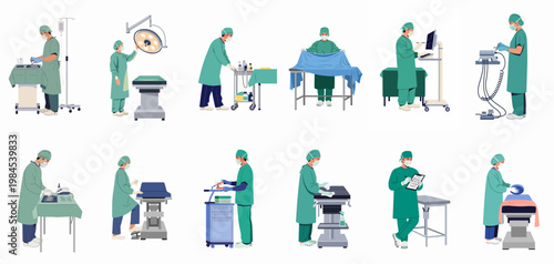 Flat vector illustration set of surgeons and medical staff preparing equipment and working in an operating room environment.