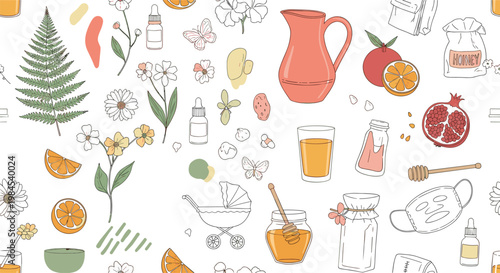 Natural herbal and organic lifestyle vector pattern with flowers, citrus fruits, essential oils, honey jars, tea, plants and wellness elements hand drawn collection