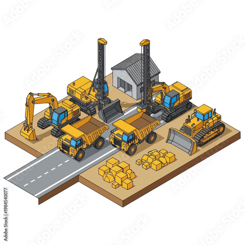 Construction Site with Heavy Machinery and Vehicles.