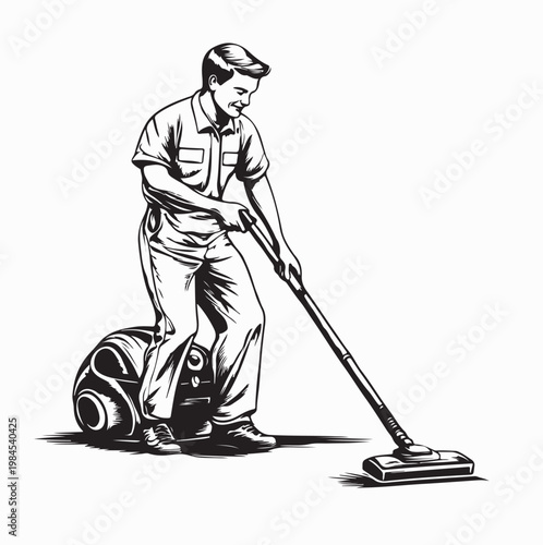 Dad Doing Housework Cleaning Floor With Vacuum Cleaner At Home