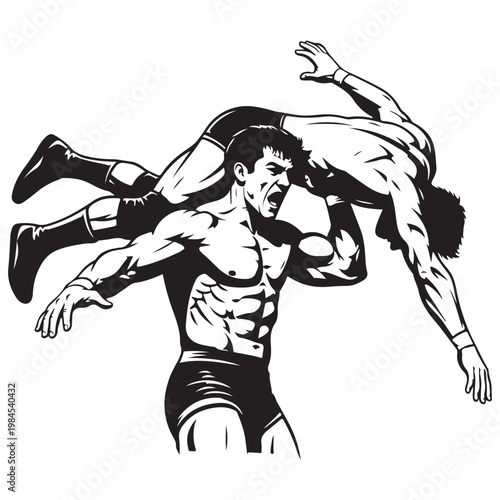 Wrestling match action vector illustration of a muscular athlete lifting opponent for a slam