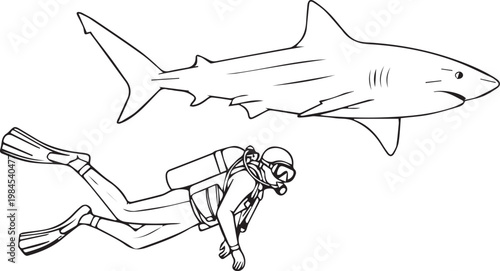scuba diver, shark, underwater scene, black and white illustration, diving, ocean creature