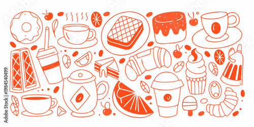 A vibrant doodle illustration featuring breakfast foods and hot beverages