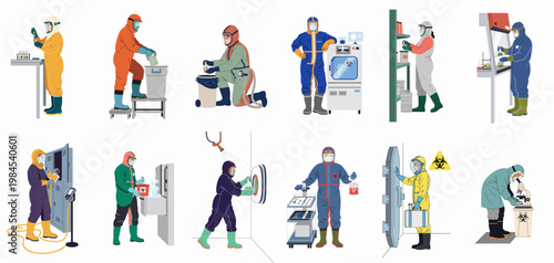 A collection of scientists and technicians in various protective hazmat suits working in different laboratory and biohazard containment settings.