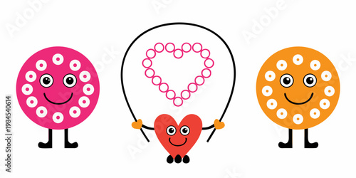 Three colorful spotted characters with a heart and jump rope
