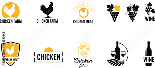 Chicken farm and wine logo collection with rooster silhouettes, vineyard elements, premium meat labels and rustic branding vector design set