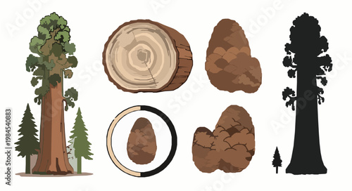 Giant Sequoia Tree Vector Set Sequoiadendron Giganteum Outline Illustration Nature Icon Collection