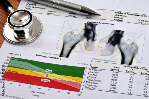 Résultat d'une ostéodensitométrie en langue française avec un stéthoscope et un stylo en gros plan