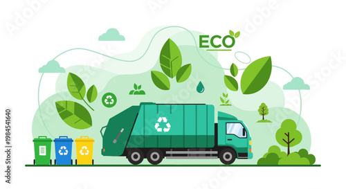 Green garbage truck collecting recycling bins for ecofriendly waste management.
