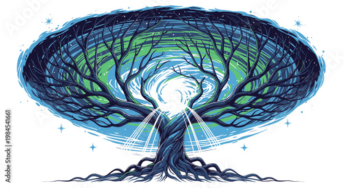 mystical tree with glowing roots and branches