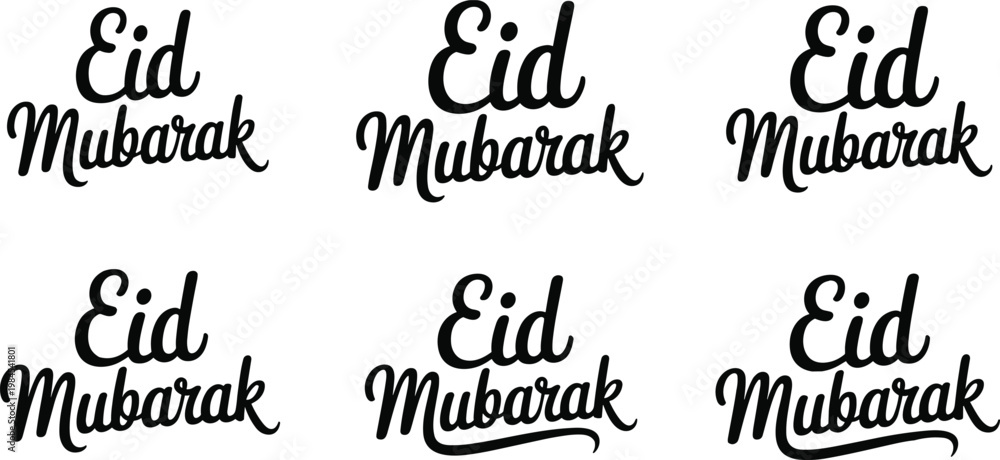 Obraz premium Eid Mubarak typography set with smooth handwritten script lettering variations, black vector collection for Islamic festival greeting card and branding design