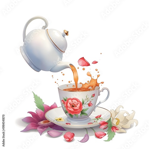 A delicate floral teacup being poured with tea from a teapot surrounded by flowers