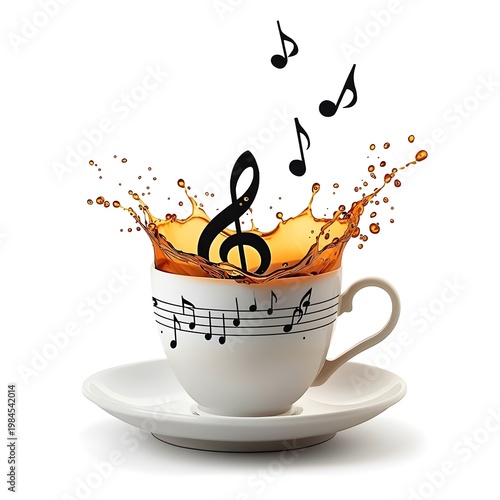 A white teacup with musical notes on a saucer, filled with splashing liquid and floating treble clefs.