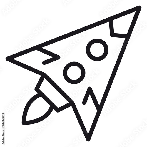 Tableau sur toile Black line art vector icon of a stylized rocket ship or spacecraft launching into space, minimalist spaceship illustration with portholes and flame, symbol for startup, speed, and exploration