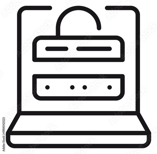 Laptop login screen security vector icon illustration featuring username and password input fields with a padlock symbol for data protection, cybersecurity, and account access concept.