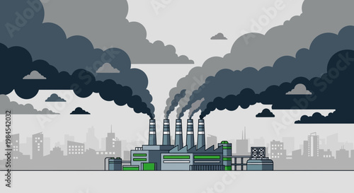 Industrial factory emitting thick dark smoke into the atmosphere.