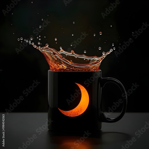 A black coffee mug with a glowing crescent moon design on it, filled with liquid.