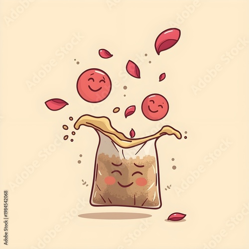 A cartoon coffee bag with a happy face and smiling coffee beans floating out of it